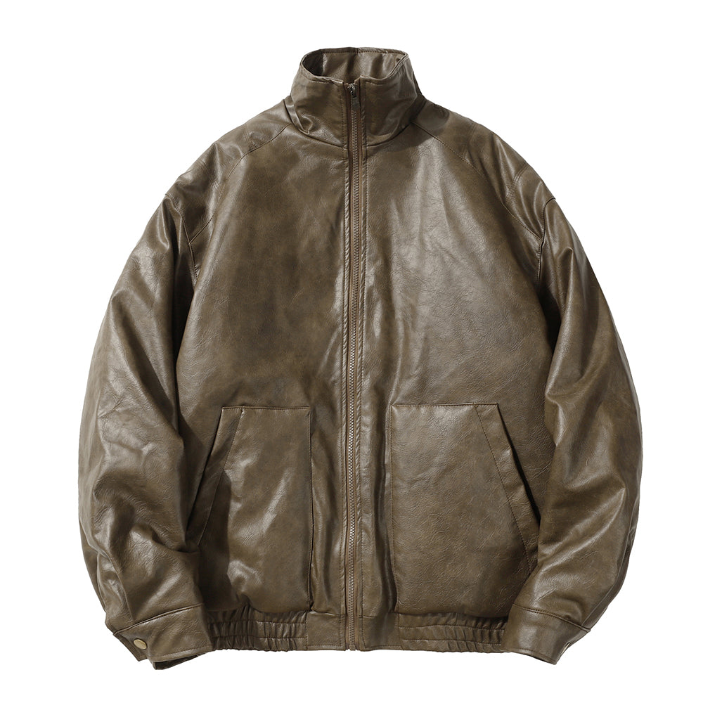 PU Leather Cotton Padded Coat Men's Rock Windproof Winter Stand Collar Loose