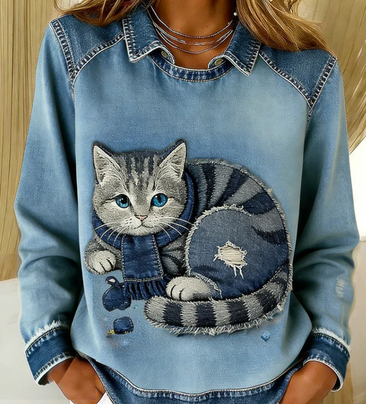 Womens Denim Crew-Neck 3D Digital Print V-Neck T-Shirt