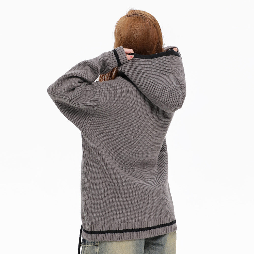 Contrast Color Rope Design Loose Casual Cardigan