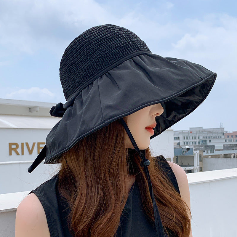 Black Glue Bow Wispy Empty Cycling Big Brim Face Sun Protection Hat