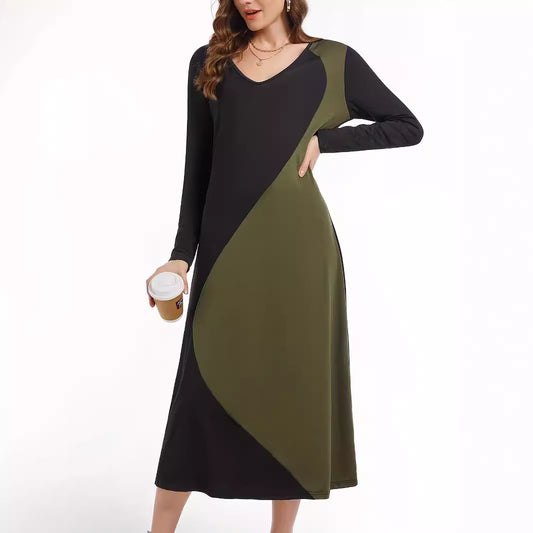 Color-Block Patchwork V-Neck T-Shirt Long-Sleeve Dress