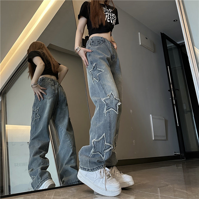 Blå XINGX Broderede Jeans Dame Løse Bukser med Lige Ben og Vide Ben