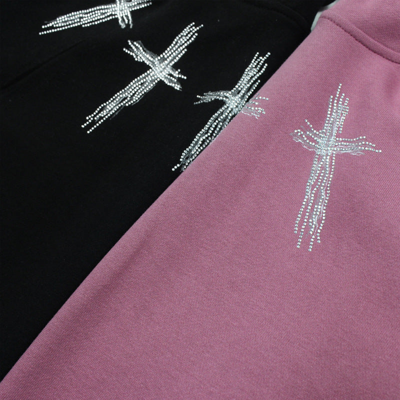 Cross Rhinestone Print Hooded Sweater Men