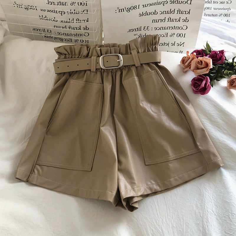Double Pocket Solid Color A-Line PU Leather Pants With Belt