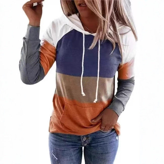 Fashion Casual Long Sleeve Loose Casual Color Block Hooded Sweatshirt