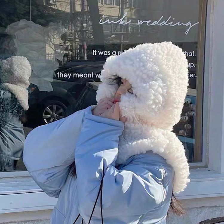Cute And Sweet Lamb Fur Plush Hooded Shawl