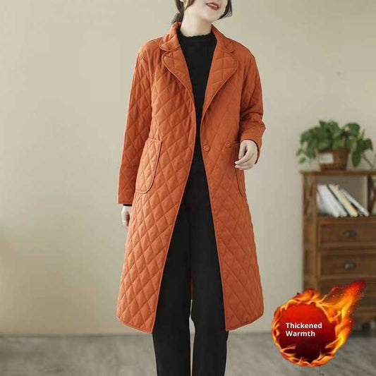Kunstneriske Retro Diamantgitter Bomuldsvatterede Frakker Mellemlang Frakke Og Trenchcoat