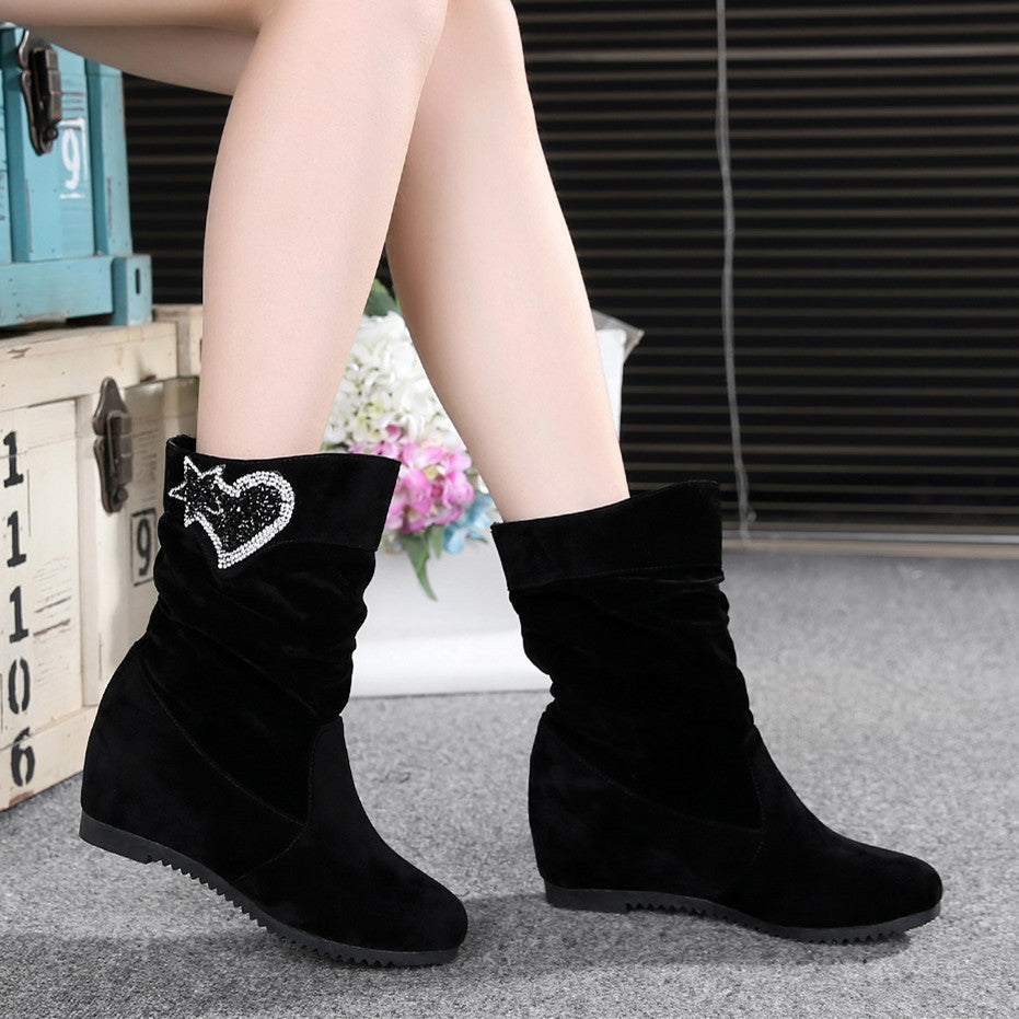 Women's Nubuck Wedge Long Suede Inner Booster Flat Tall Boots