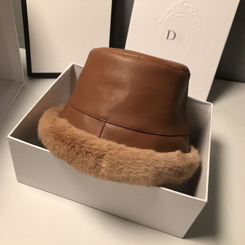 Hat Female Leather Plush Fisherman Hat Versatile Temperament