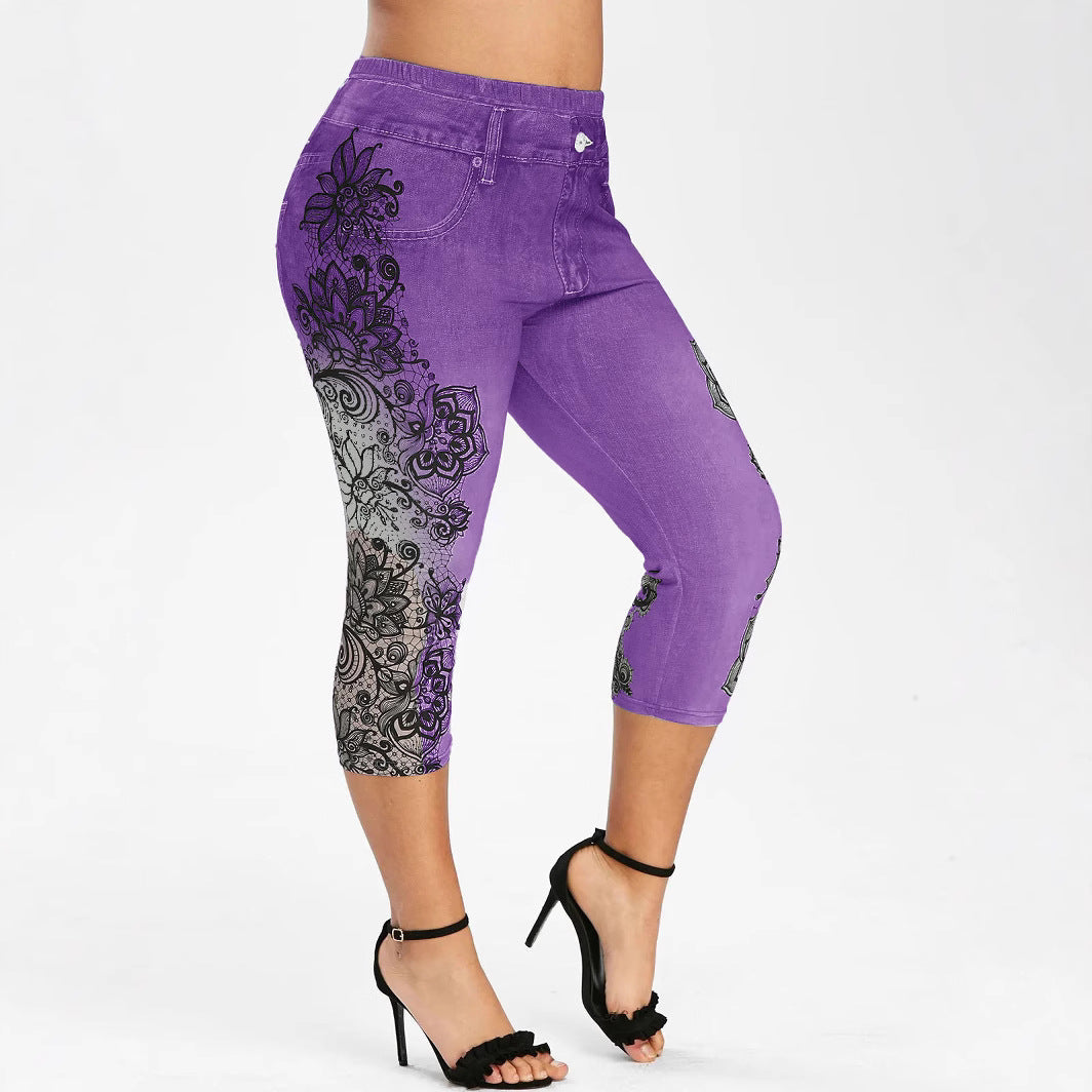 Mid-rise Printed Faux Denim Skinny Cropped Pants