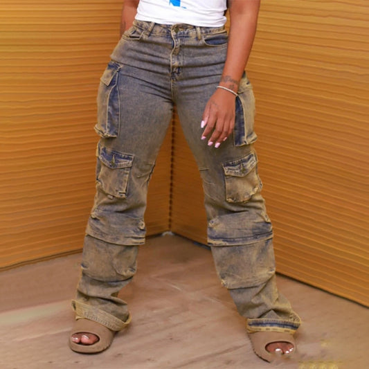 Workwear-stil distressed vasket denimjeans
