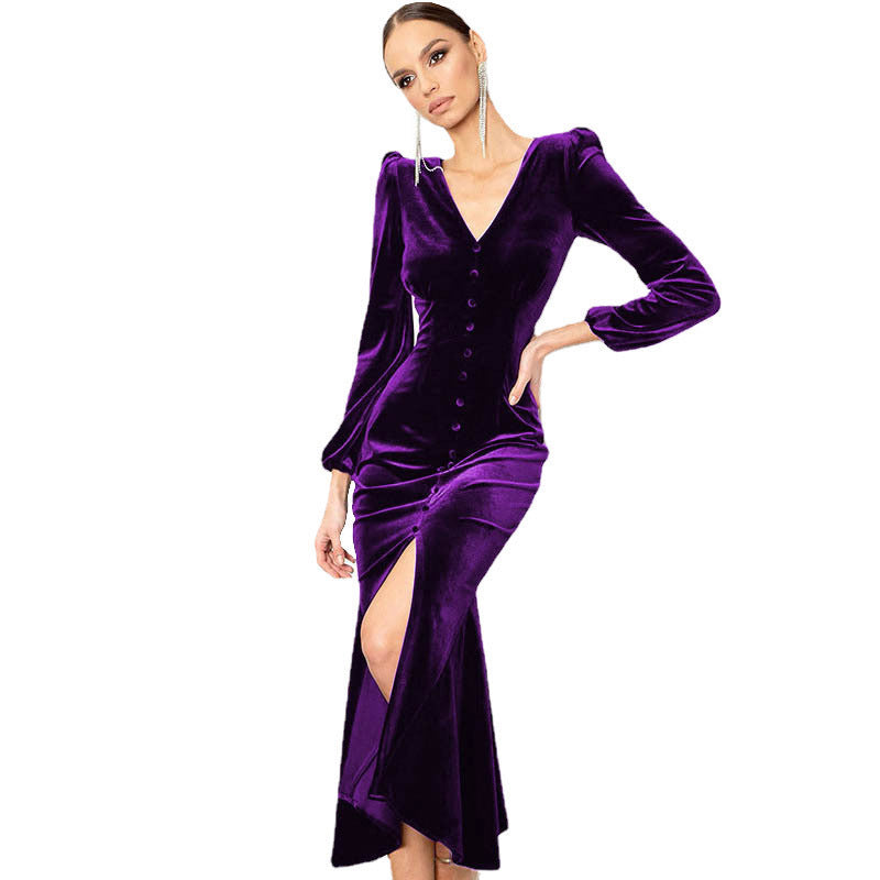 Knitted V-neck Padded-shoulder Long-sleeve Dress