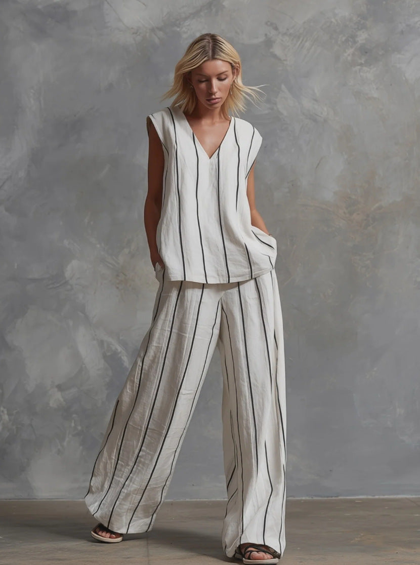 French Minimalist Black And White Vertical Stripe Loose Cotton-Linen Womens Set