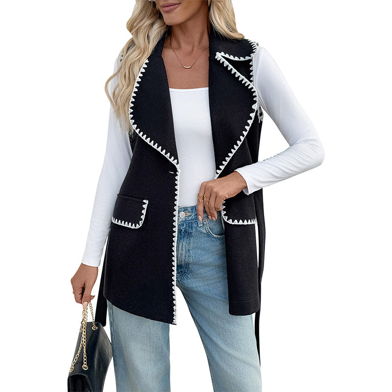 Casual Simple Lace Cardigan Lapel Contrast Color Trim Vest Coat Women
