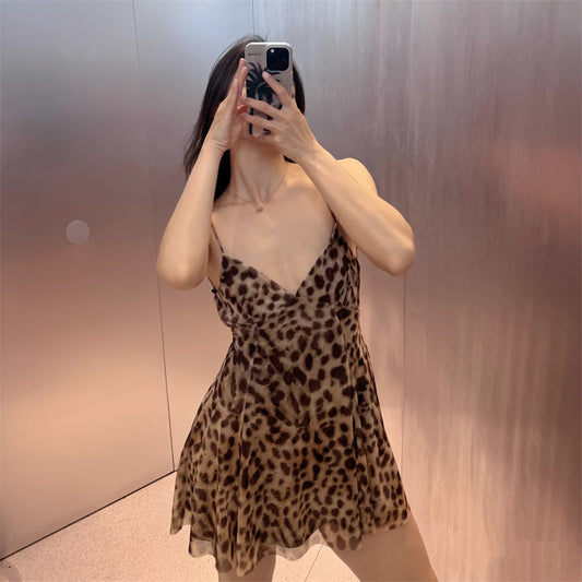 Printed V-Neck Leopard-Print Strap Short Dress For Women