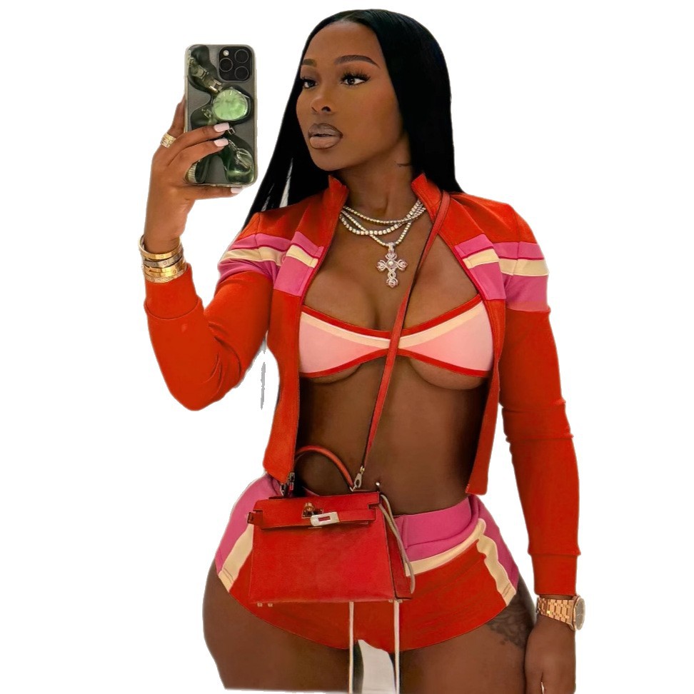 Women's Color Contrast Patchwork Long Sleeve Tied Hot Pants Three-piece Suit