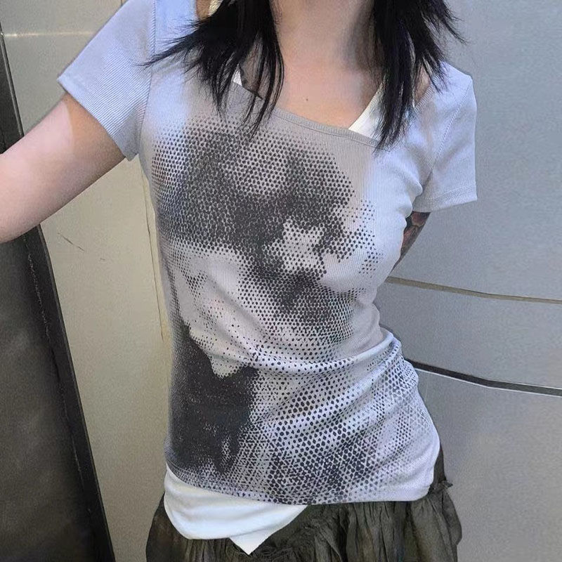 Stitching Fake Two-piece Personality Portrait Printing Short Sleeve