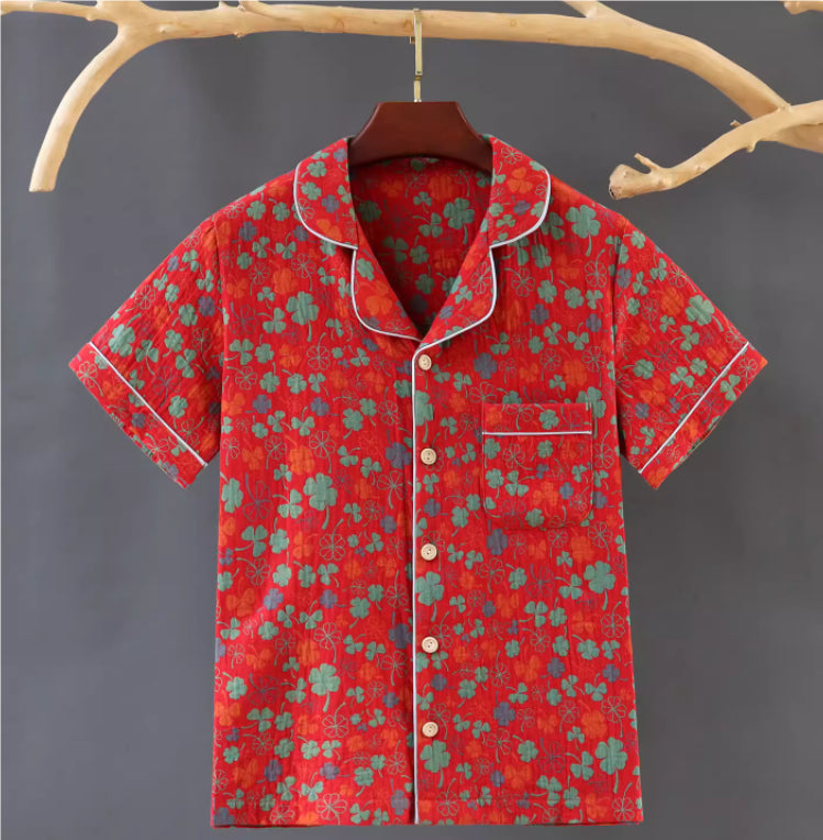Chinese Style Pure Cotton Color Double-layer Cotton Yarn Short Sleeved Shirt