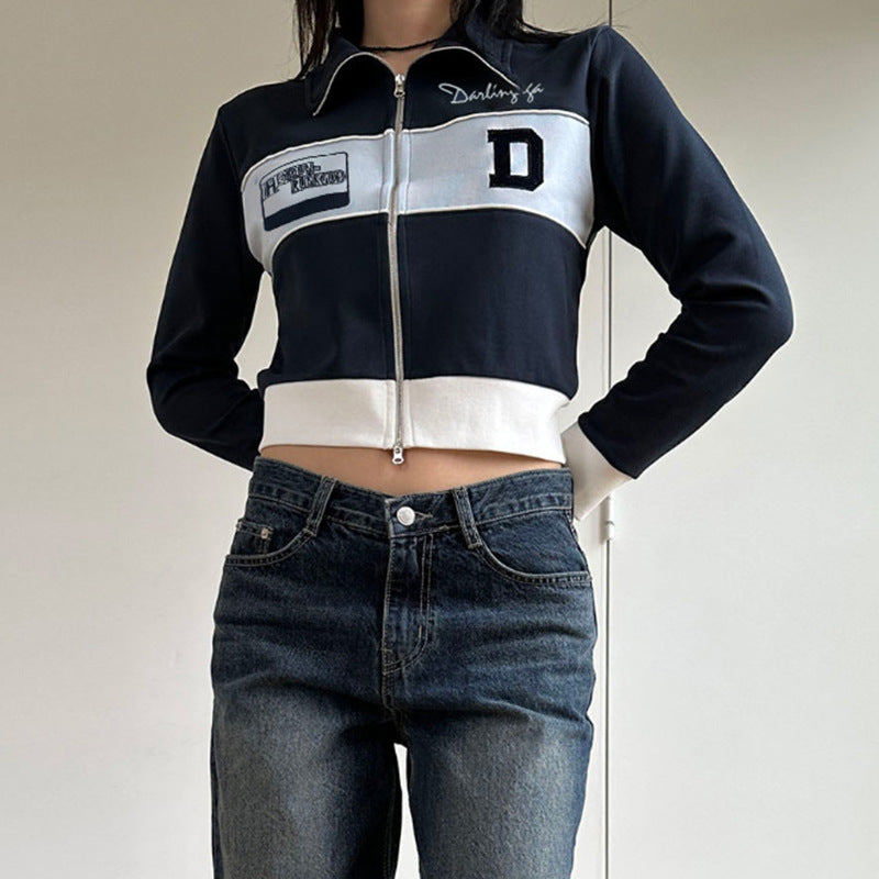 American Retro Color Matching Double Zipper Head Loose Jacket