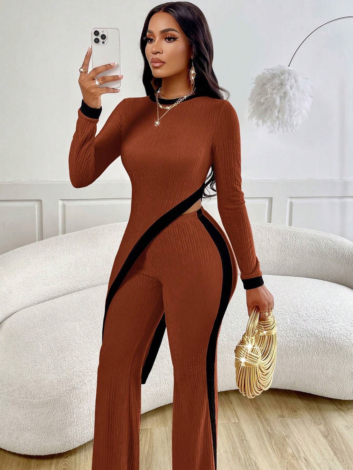 Women's Fashion Long Sleeve Side Slit T-shirt Trousers Suit