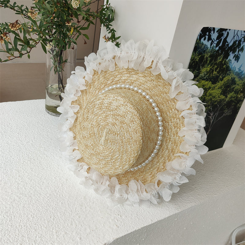 Women's Pearl Lace Flat Top Straw Hat