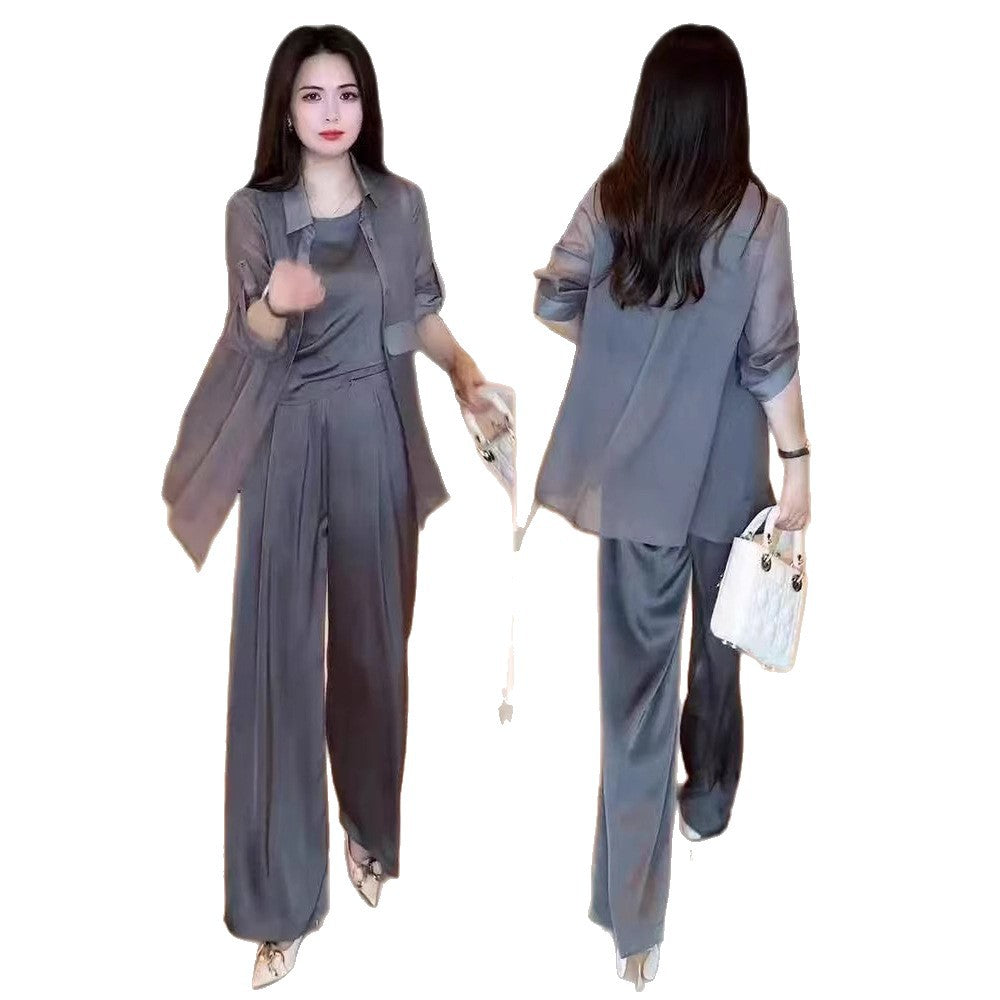 Fashion Women Sun Protection Shirt Wide Leg Pants Casual Three-piece Suit