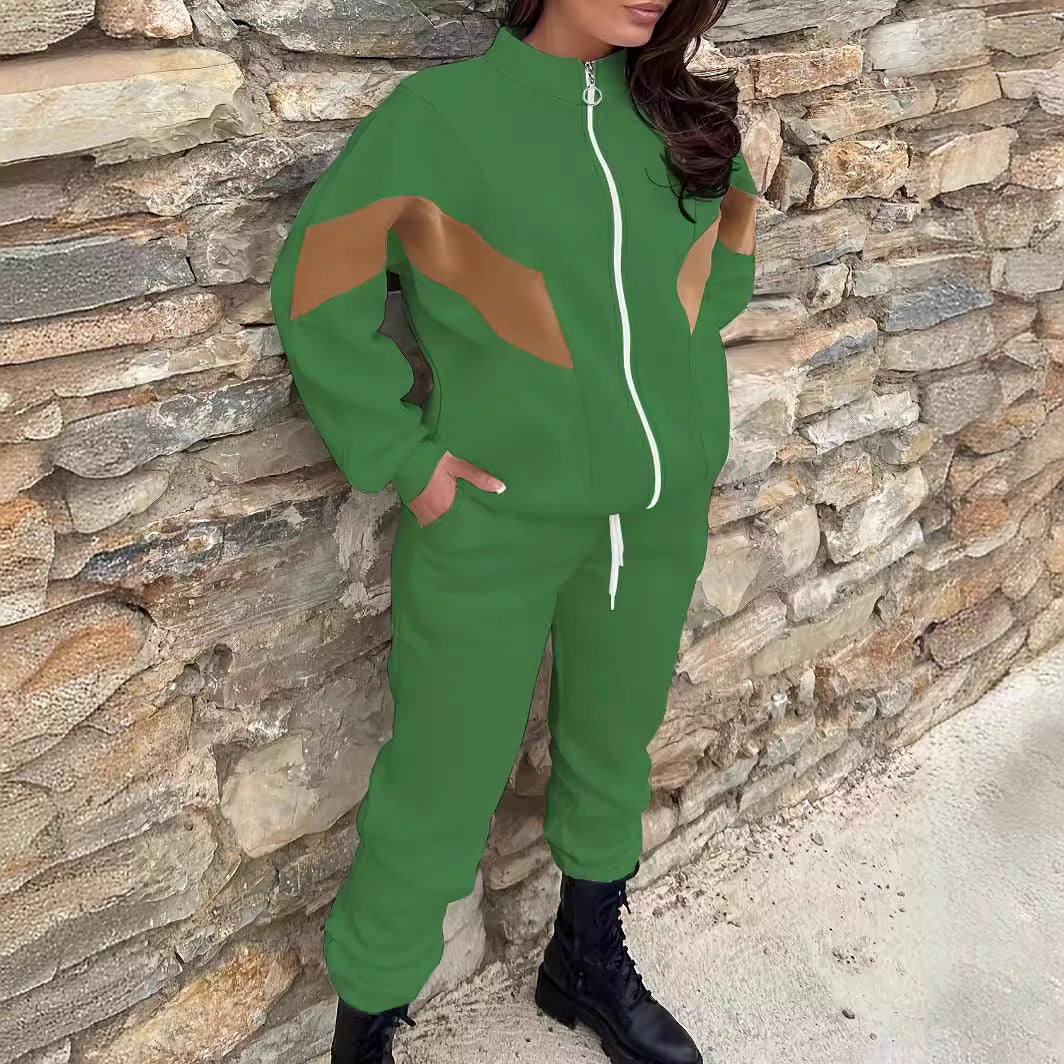 Patchwork High-neck Fleece-lined Thick Casual Sportswear Set