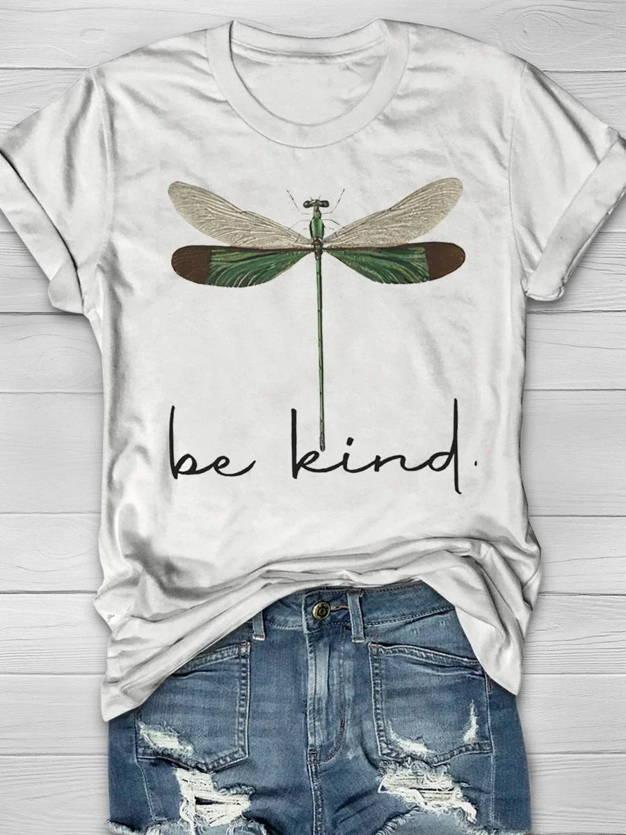 Round Neck White Loose Pullover Chic Dragonfly Short Sleeve