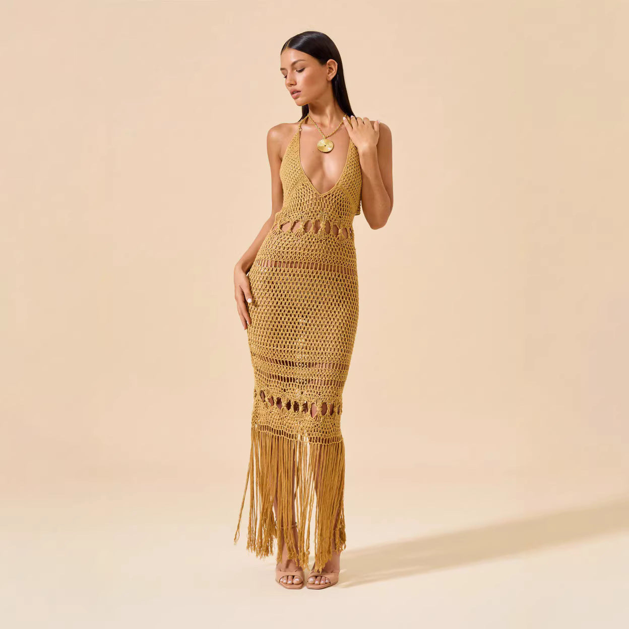 Stroppet Strikket Sexet Udhulet Fringe Maxikjole
