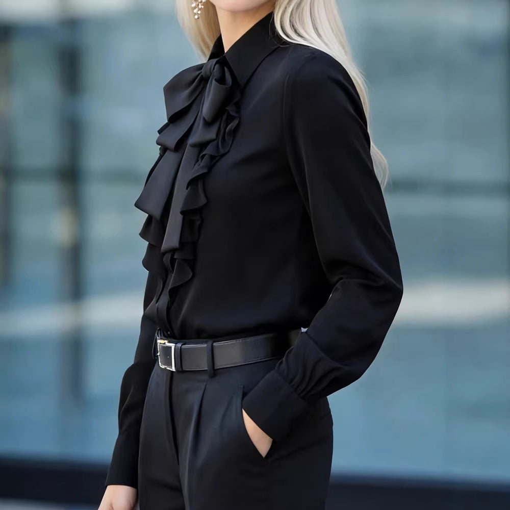 Elegant Ruffle-Trimmed Shirt With A Flowing Bow Tie For Women