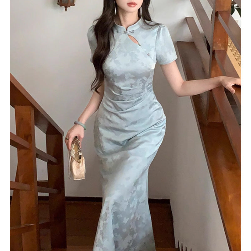 Retro Dark-pattern Short-sleeve Maxi Dress