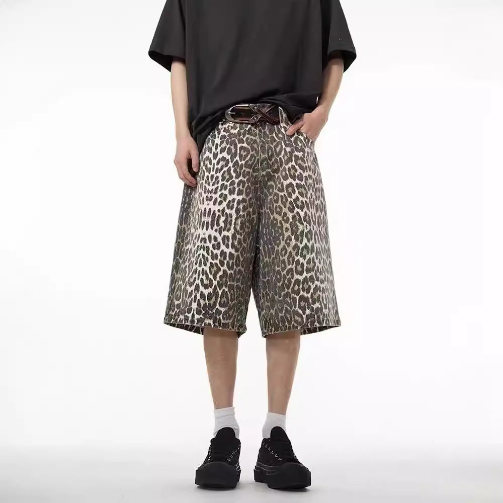 Retro High Street Leopard Print Denim Shorts