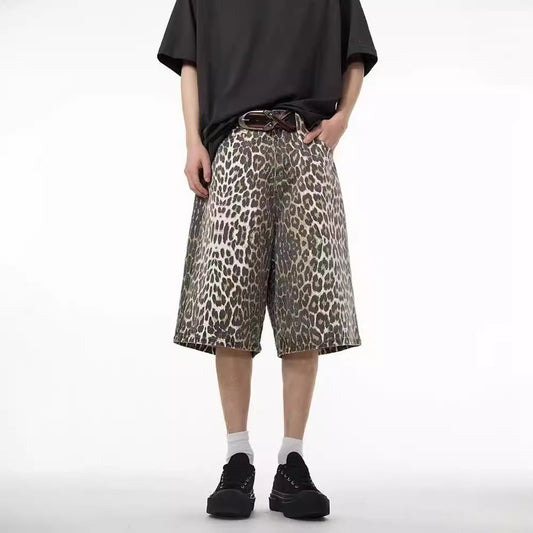 Retro High Street Leopard Print Denim Shorts