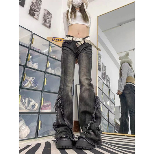 Women's American-style Vintage Vibe Raw-edge Design Slightly Flared Denim Jeans