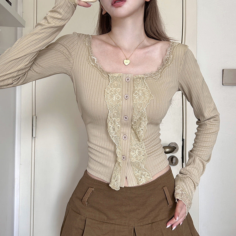 New Slim Fit Slimming And Short Lace Long-sleeved Top For Women