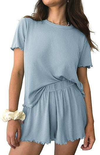 Relaxed Casual Cre Neck Short Sleeve Top And Shorts Set