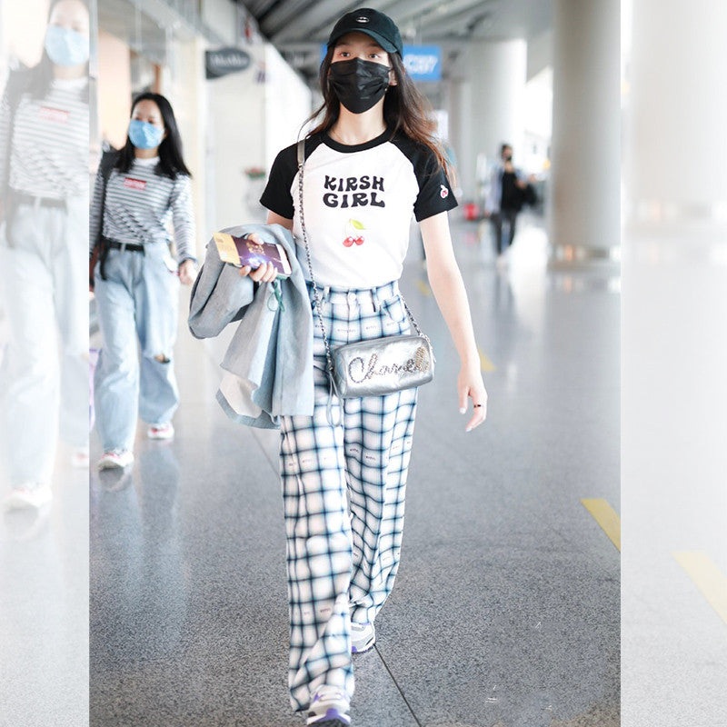 Women's High-waisted Plaid Loose Straight Wide Leg Pants