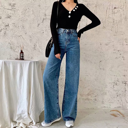 Mopping Wide-leg Denim Trousers Autumn And Winter All-match