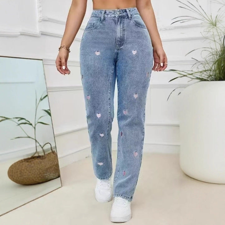Embroidered Straight-Leg Loose-Fit Stretch Womens Denim Trousers  Affectionate
