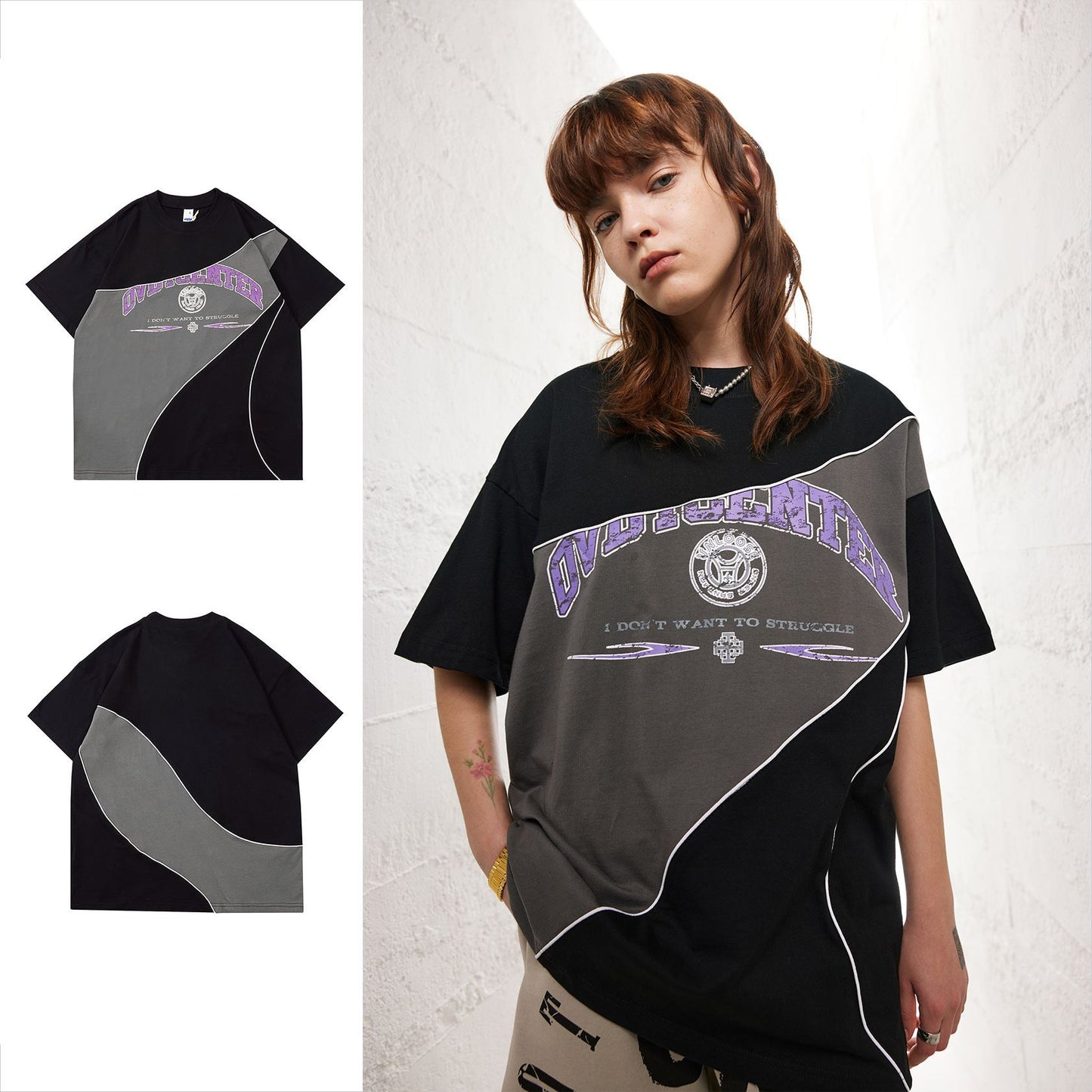High Street Niche Retro Color Matching Tema Design Drop Shoulder Kortærmet