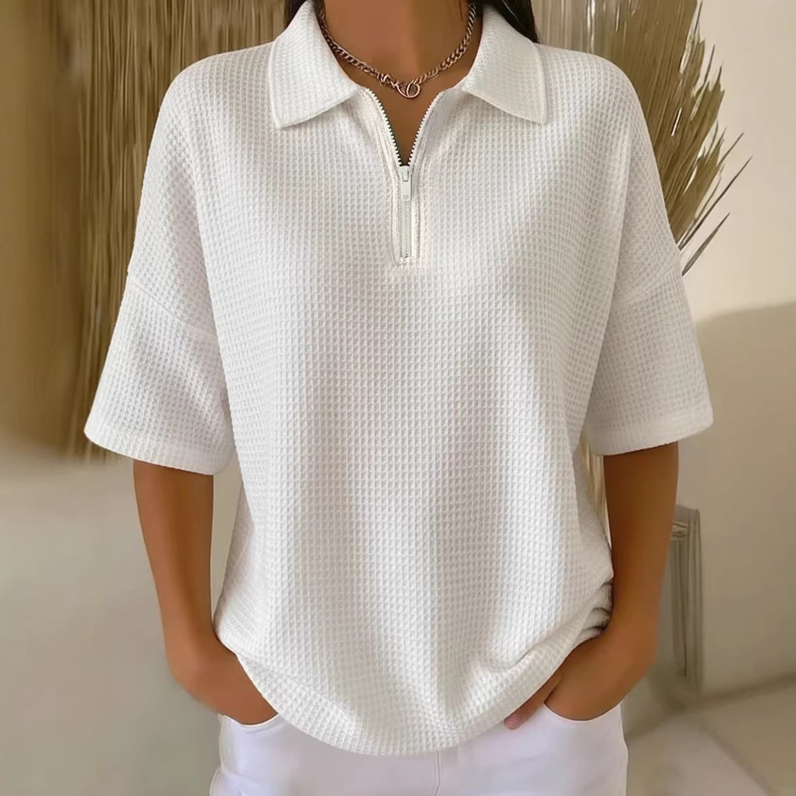 Pullover Drop-shoulder Half-zip Waffle-knit Short Sleeve