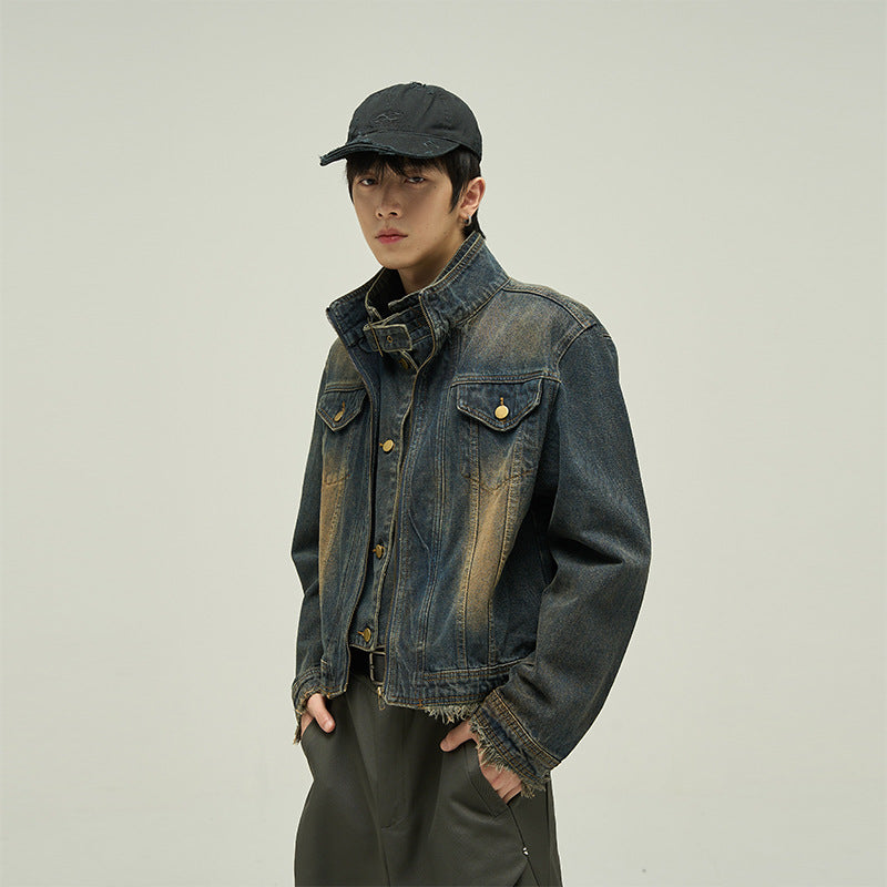 Fake Two-piece Motorcycle Denim Coat Men's Washed Distressed Jacket