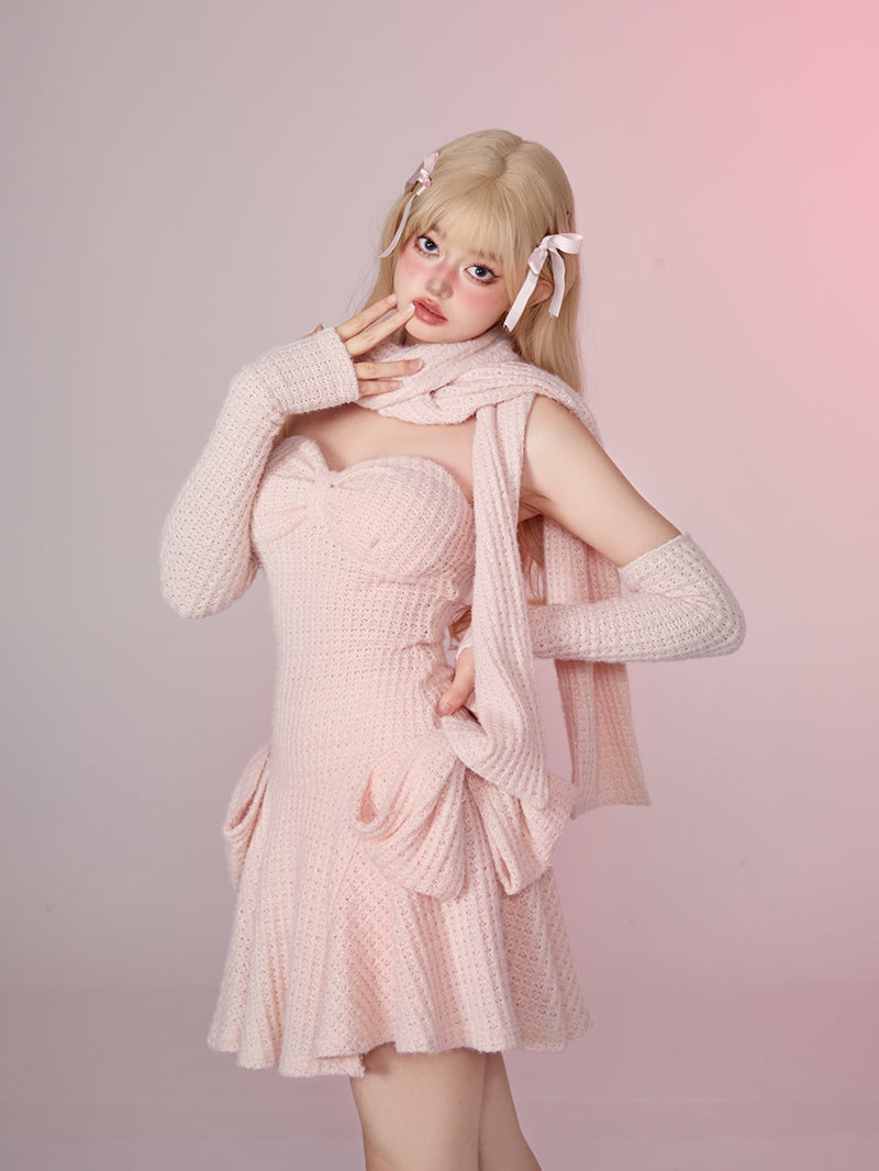 Corn Knit Strapless Dress With Breast Pad