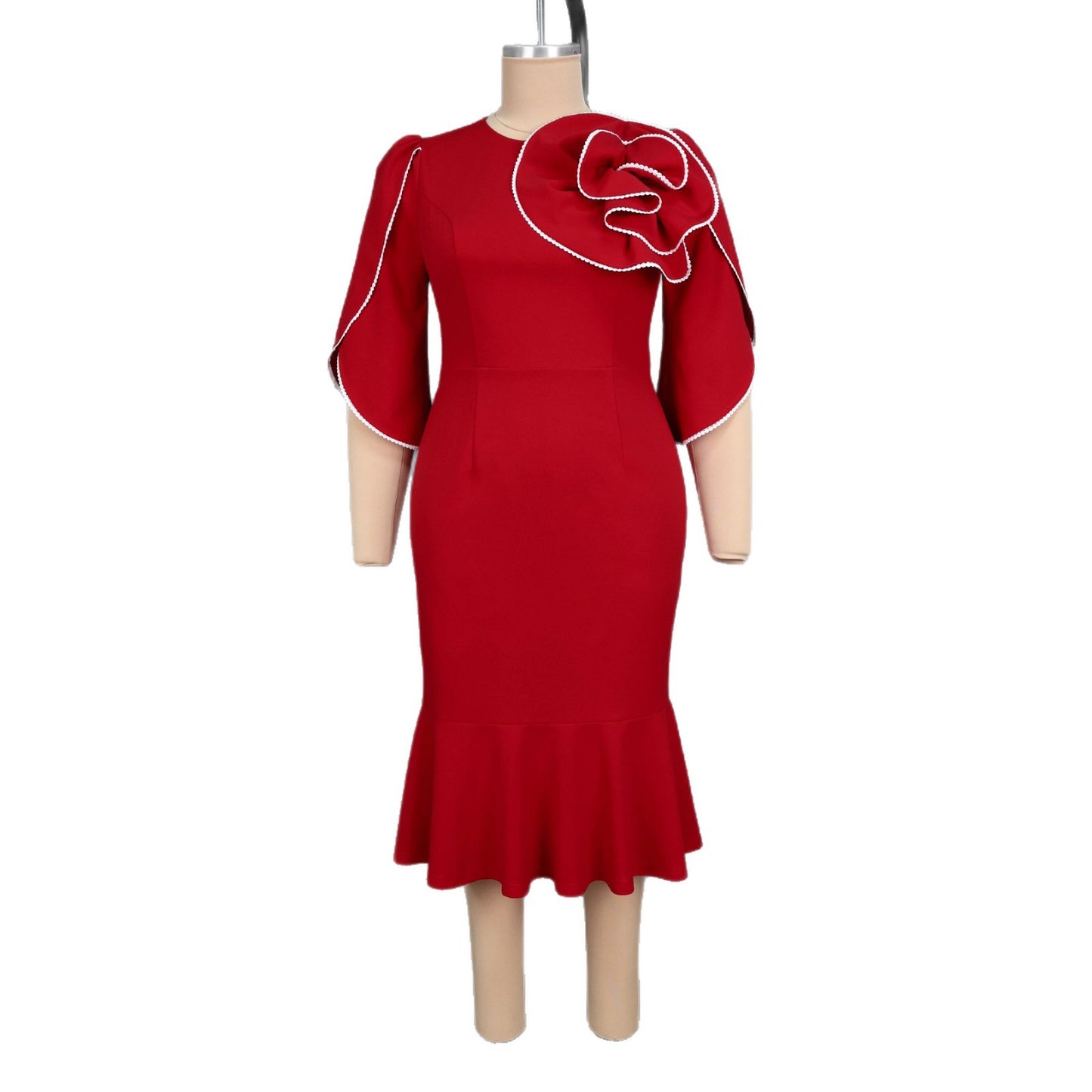 Plus-size Womens Wine-red 3D Floral Dress