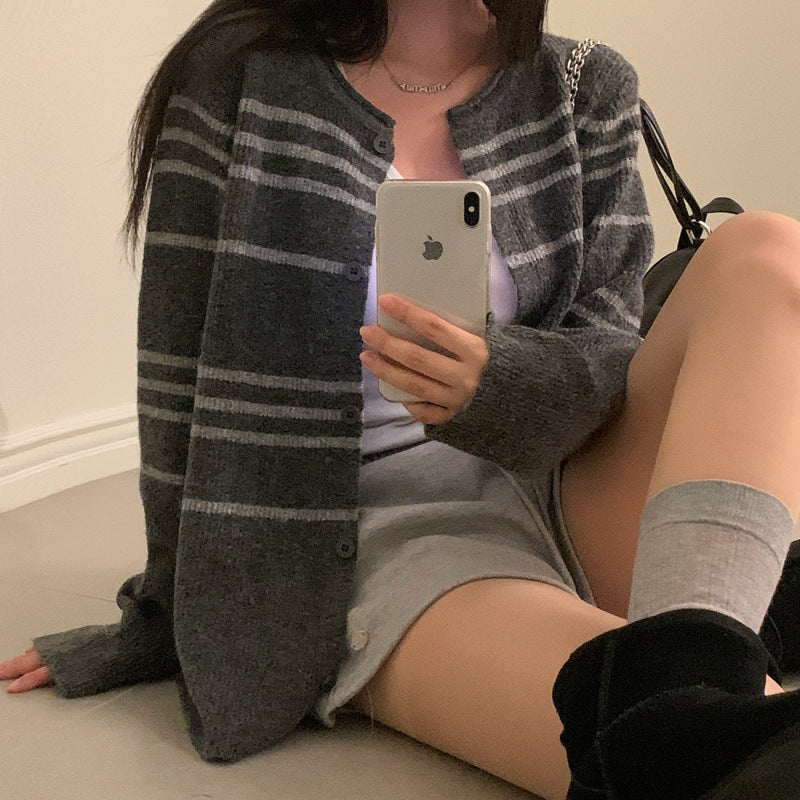 Retro Contrast Color Striped Sweater Coat Knitted Cardigan