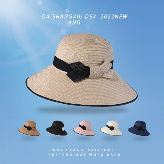 Spring And Summer Big Brim Straw Hat Fashion All-match Two-color Bow Breathable
