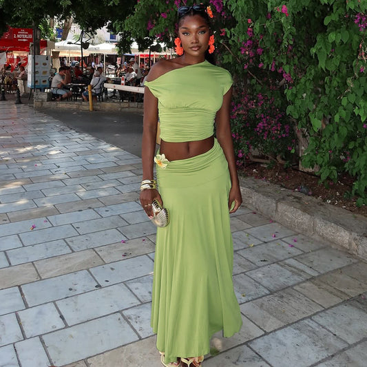 Women's Casual Streetwear Pleated Asymmetrical-Neck Two-Piece Set