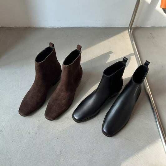 Womens Early Autumn French-Style Ankle Boots In Genuine Leather With A Square Toe And Chunky Mid Heel