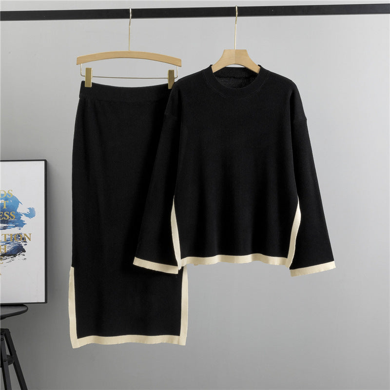 Color-Block Crew-Neck Top And Slit Skirt Chic Knit Set