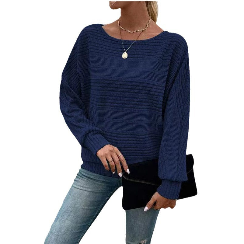 Ensfarvet Stribet Batwing-ærmer T-shirt Mode Casual Pullover Rund Hals Langærmet Top Forår Og Efterår Dametøj